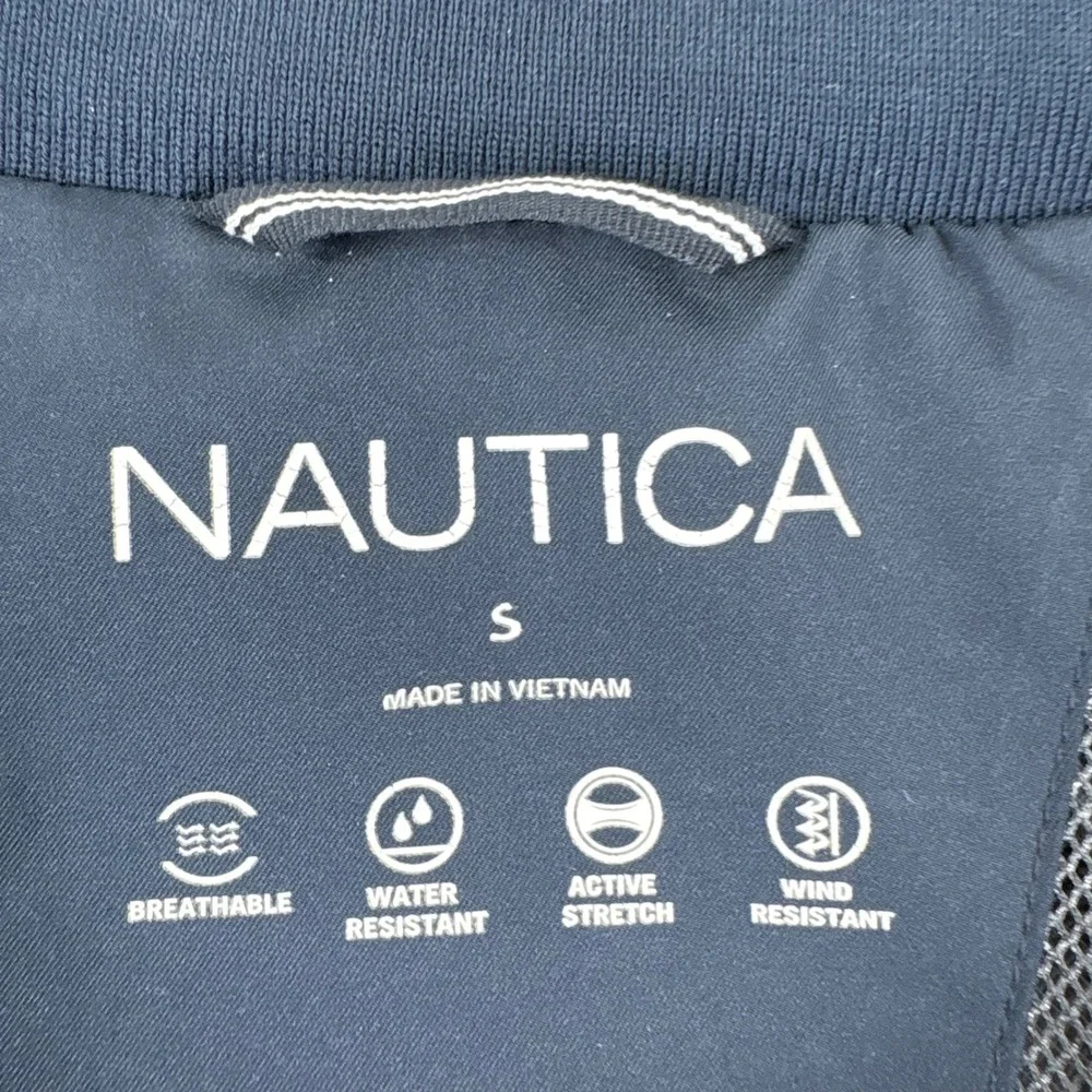 Nautica Mens Navy Blue Jacket Full Zip Hidden Hood Collar Logo Water Resistant S